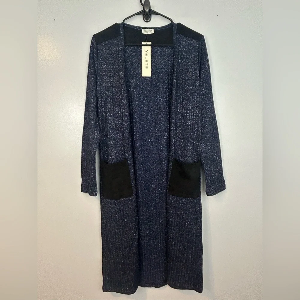 NWT Yelete Navy Blue/Black Metallic Open Front Long Lightweight Cardigan Small